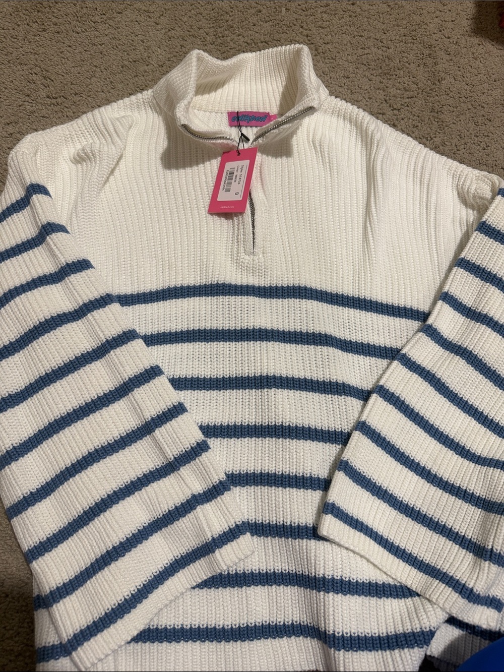 Edikted White & Blue Striped Half-Zip Turtleneck Sweater